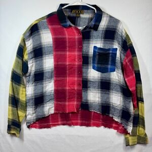TAXI Plaid Flannel‎ Shirt Color Block Raw Hem Long Sleeve Top Size Large